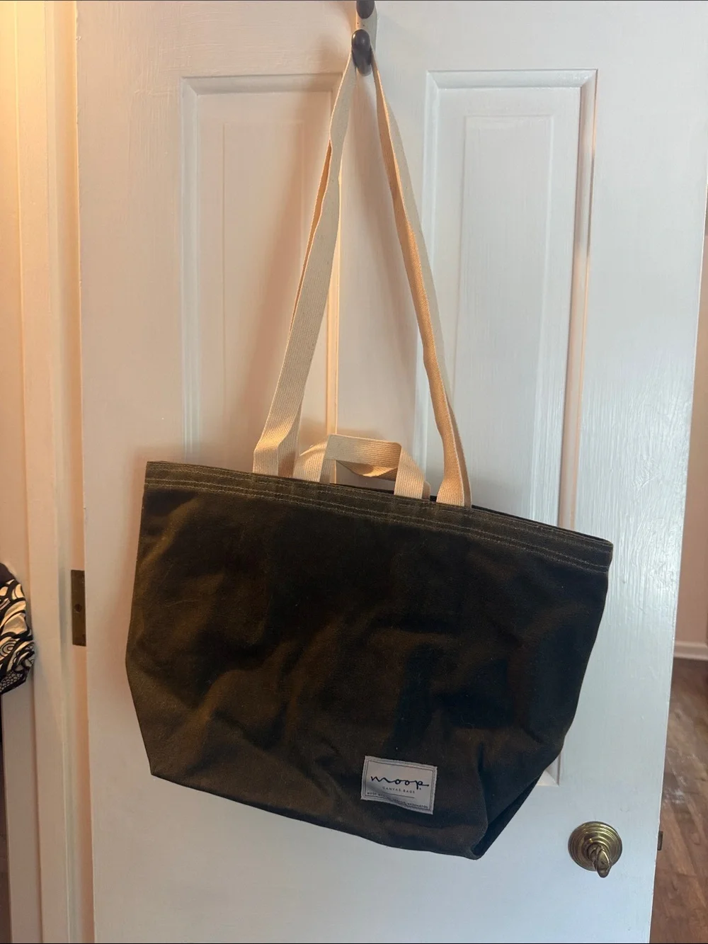 Moop Canvas Duffel Tote in Olive Green with Cream Handles